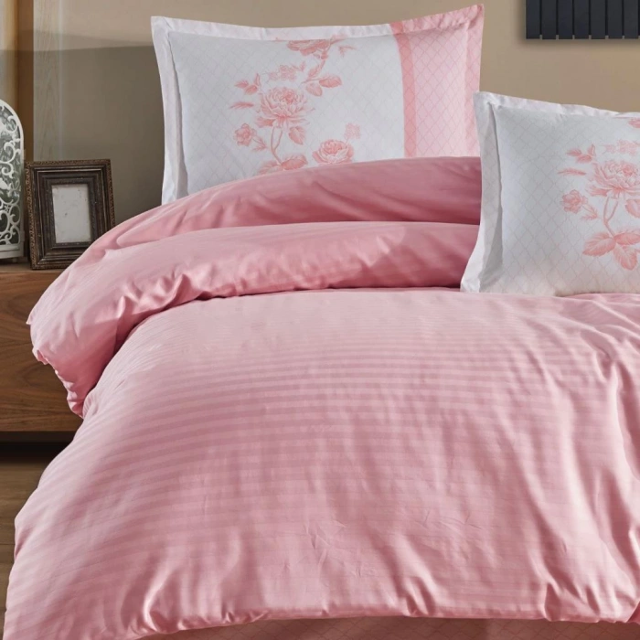 Butik Serisi Çizgili Ranforce Çift Kişilik Nev Takımı Suave v8 Pudra