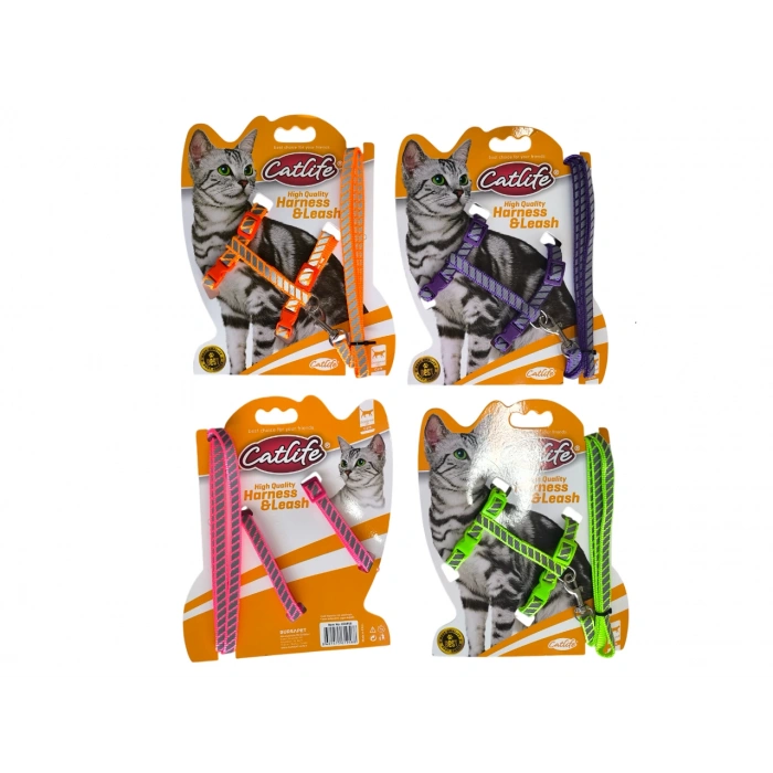 Catlife Fosforlu Şeritli Kedi Göğüs Bel Tasması + Gezdirme İpi