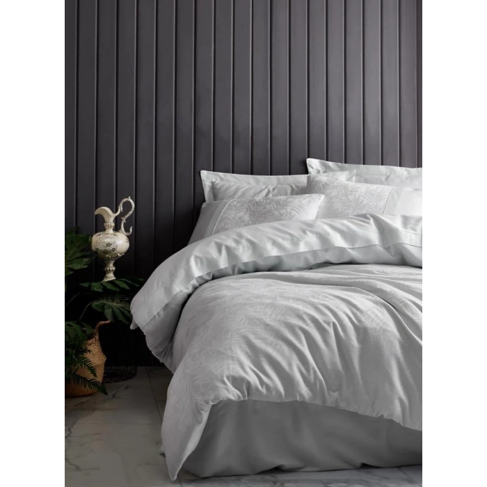 Çift Kişilik Jakarlı Saten Nev Takımı Leaf Buz Mavisi