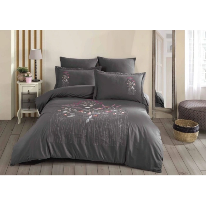 Çift Kişilik Poplin Premium Nakışlı Nev Emilia Gri