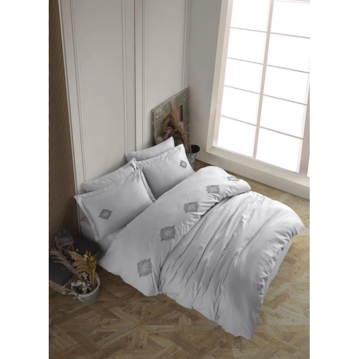 Çift Kişilik Poplin Premium Nakışlı Nev Azra Gri