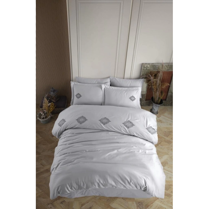 Çift Kişilik Poplin Premium Nakışlı Nev Azra Gri