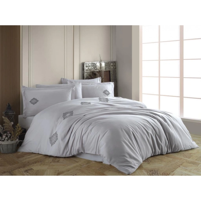 Çift Kişilik Poplin Premium Nakışlı Nev Azra Gri