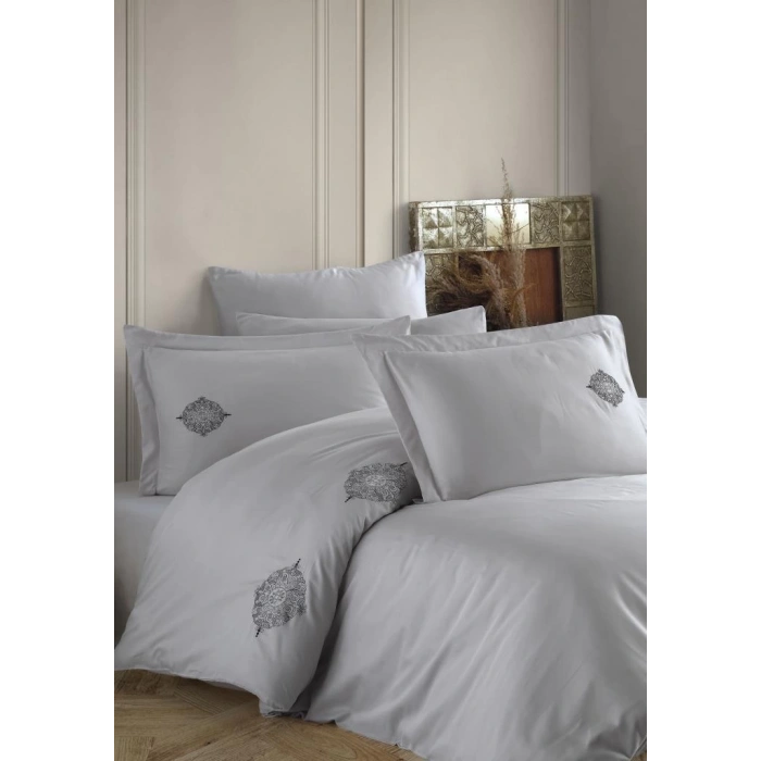 Çift Kişilik Poplin Premium Nakışlı Nev Azra Gri