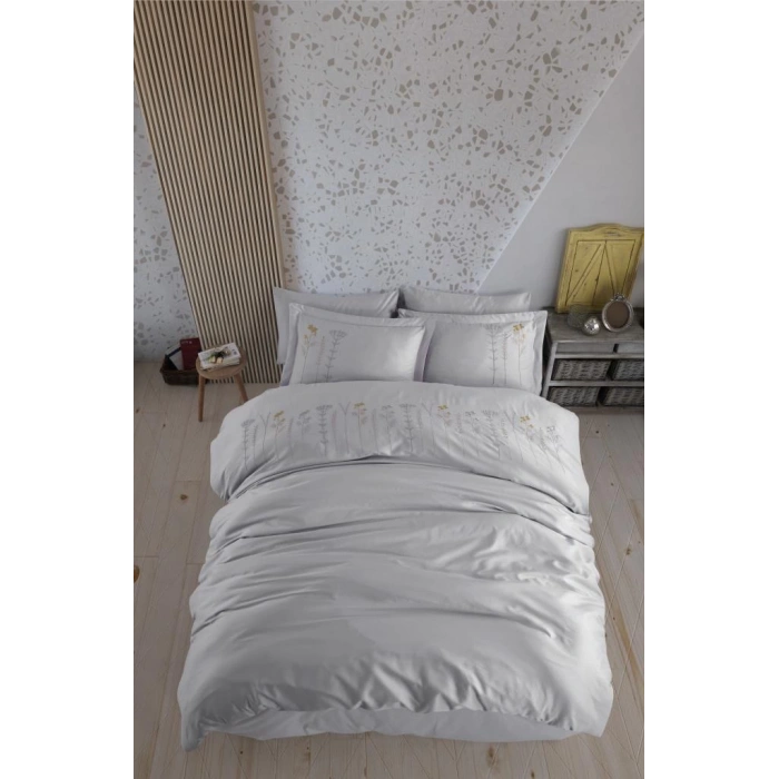 Çift Kişilik Poplin Premium Nakışlı Nev Diva Gri