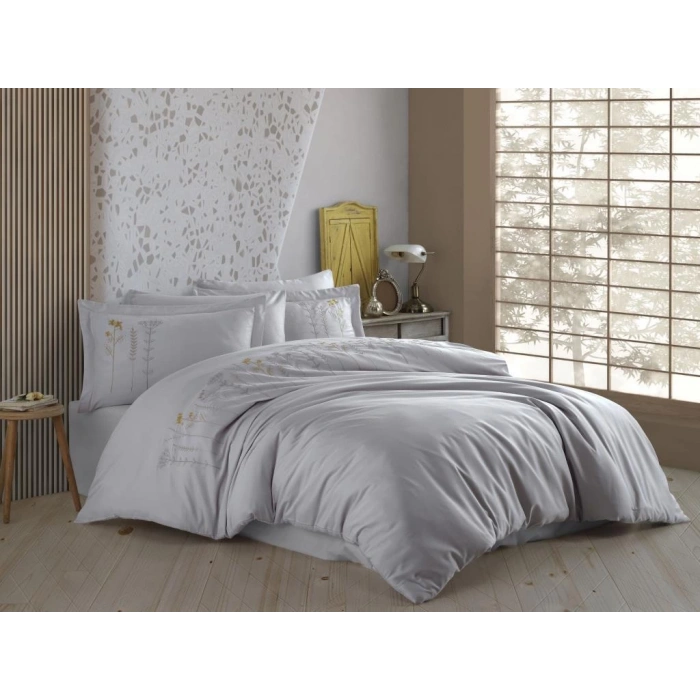 Çift Kişilik Poplin Premium Nakışlı Nev Diva Gri