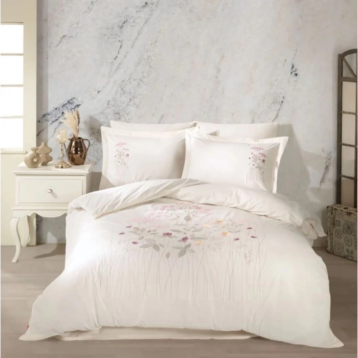 Çift Kişilik Poplin Premium Nakışlı Nev Emilia Krem