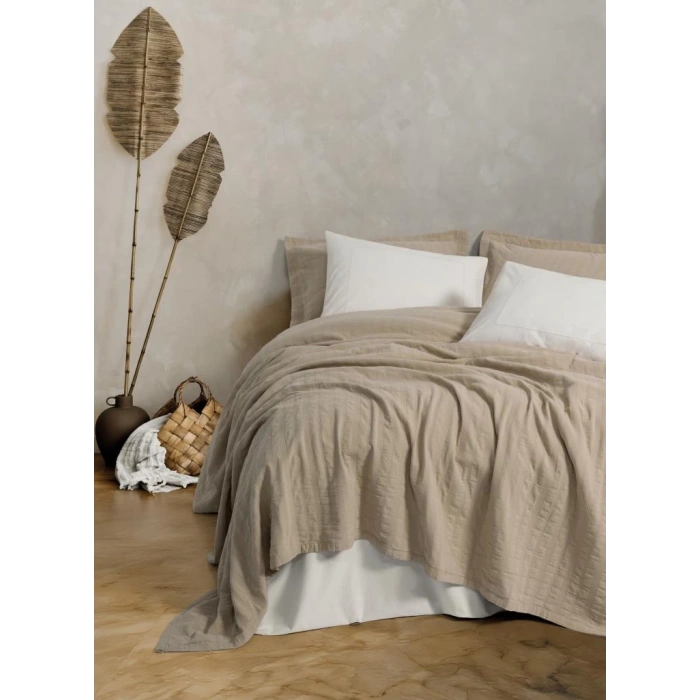 Çift Kişilik Yatak Örtülü Pike Takımı Natura Vilo Bej