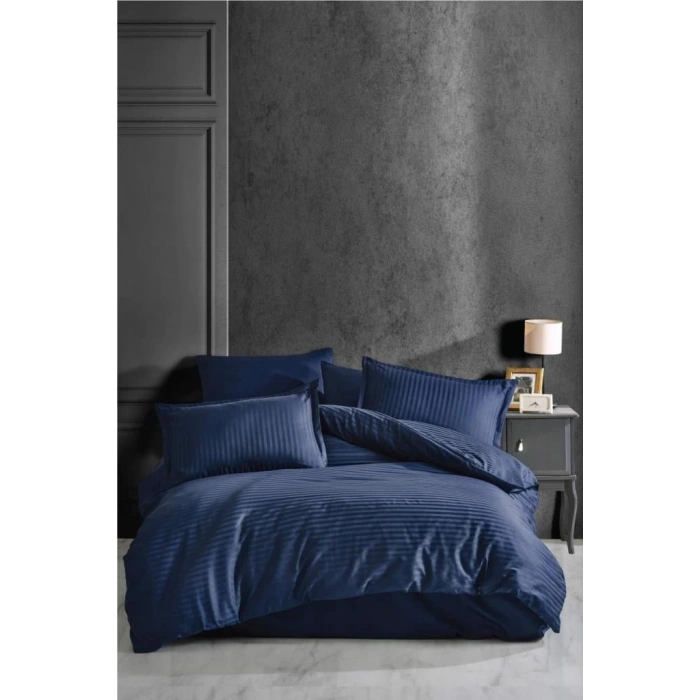 Çizgili Saten Çift Kişilik Nev Takımı - Lacivert