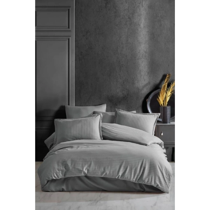 Çizgili Saten Nev Takımı Çift Kişilik Gri