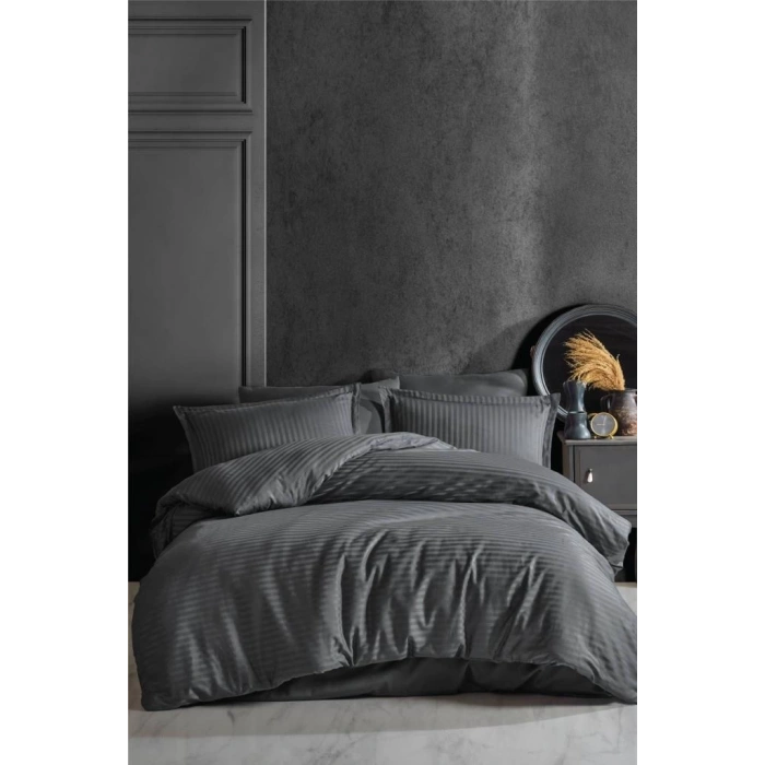 Çizgili Tek Kişilik Saten Nev Takımı Füme