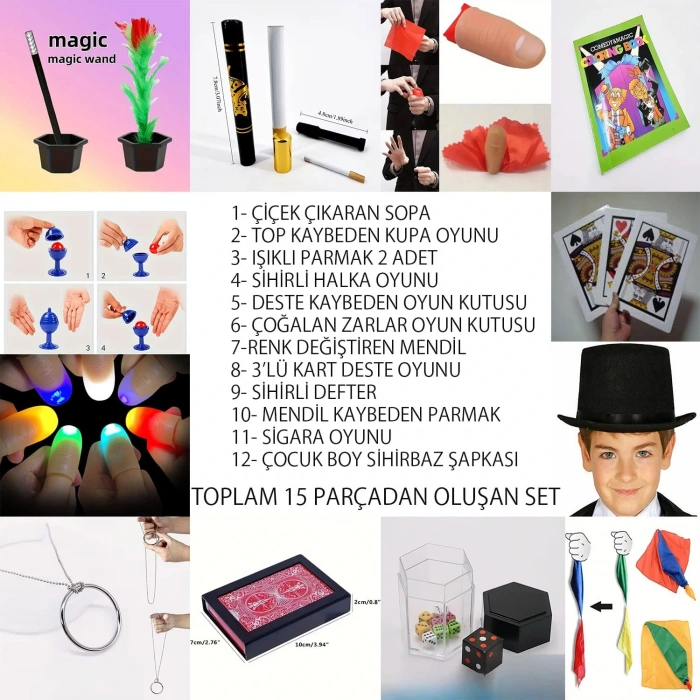 Çocuklar İçin 15 Parça Sihirbazlık ve İllüzyon Seti – Başlangıç Gösteri Kutusu