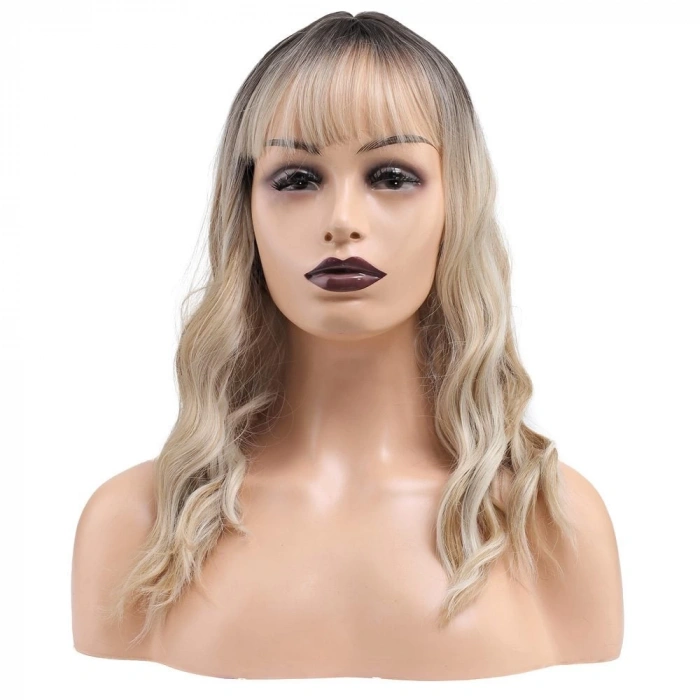 Dalgalı Kısa Perçemli Fiber Sentetik Peruk / Kahve / Platin Ombre ve Röfleli