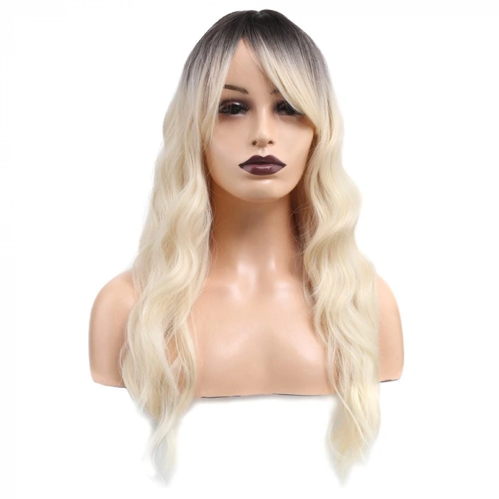 Dalgalı Perçemli Fiber Sentetik Orta Boy Peruk / Kahve / Beyaz Platin Röfleli