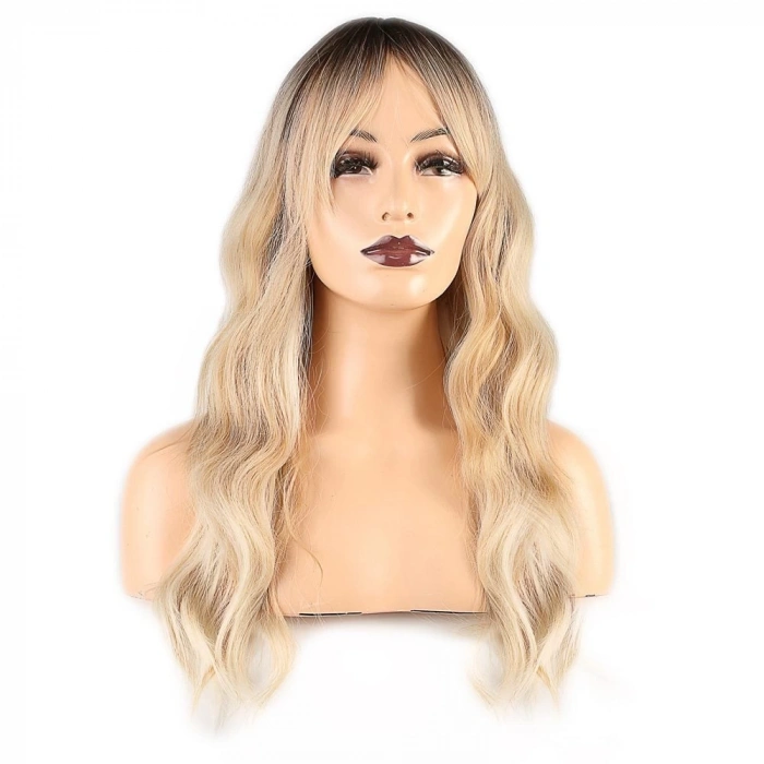 Dalgalı Perçemli Fiber Sentetik Orta Boy Peruk / Kahve Platin Röfleli