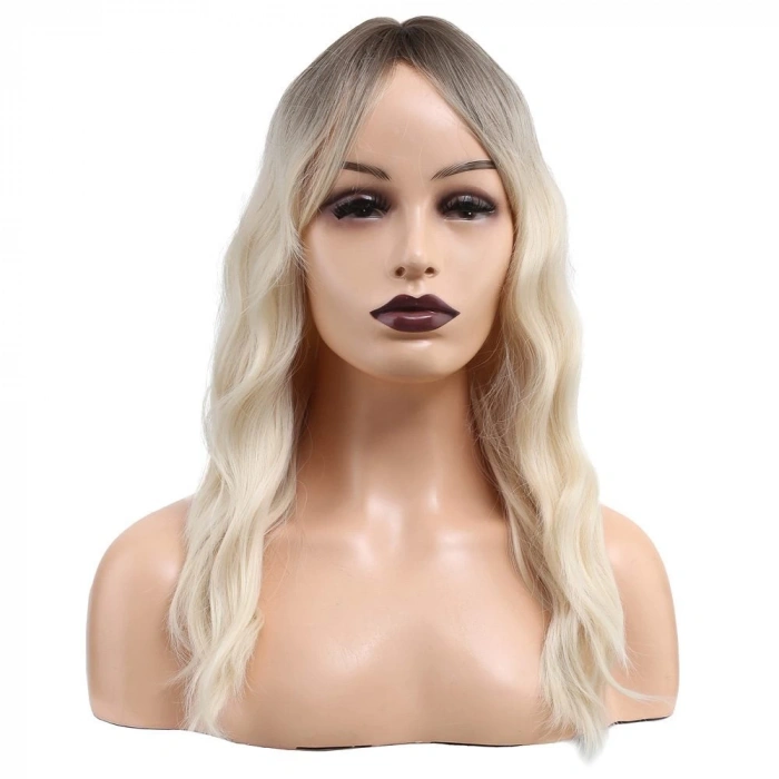 Dalgalı Perçemli Fiber Sentetik Orta Boy Peruk / Kahverengi / Beyaz Platin Ombreli