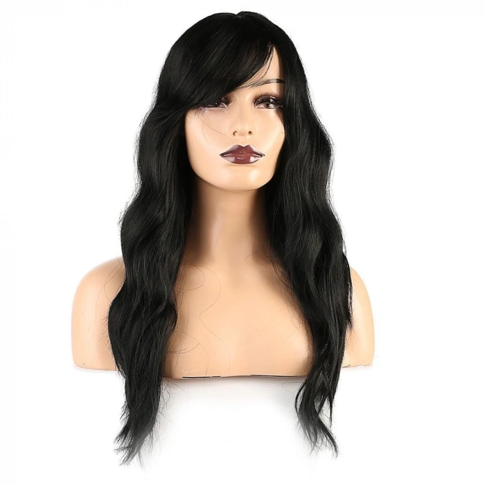 Dalgalı Perçemli Fiber Sentetik Orta Boy Peruk / Siyah