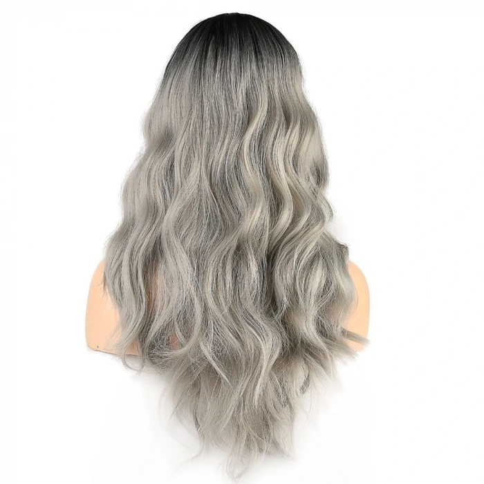 Dalgalı Perçemli Fiber Sentetik Orta Boy Peruk / Siyah Gri Ombreli