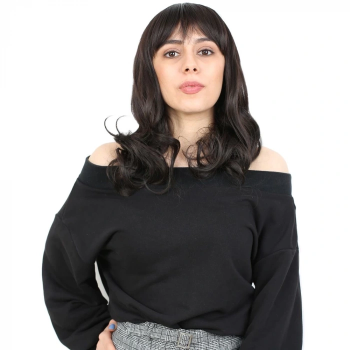 Dalgalı Perçemli Orta Boy Fiber Sentetik Peruk / Kahverengi