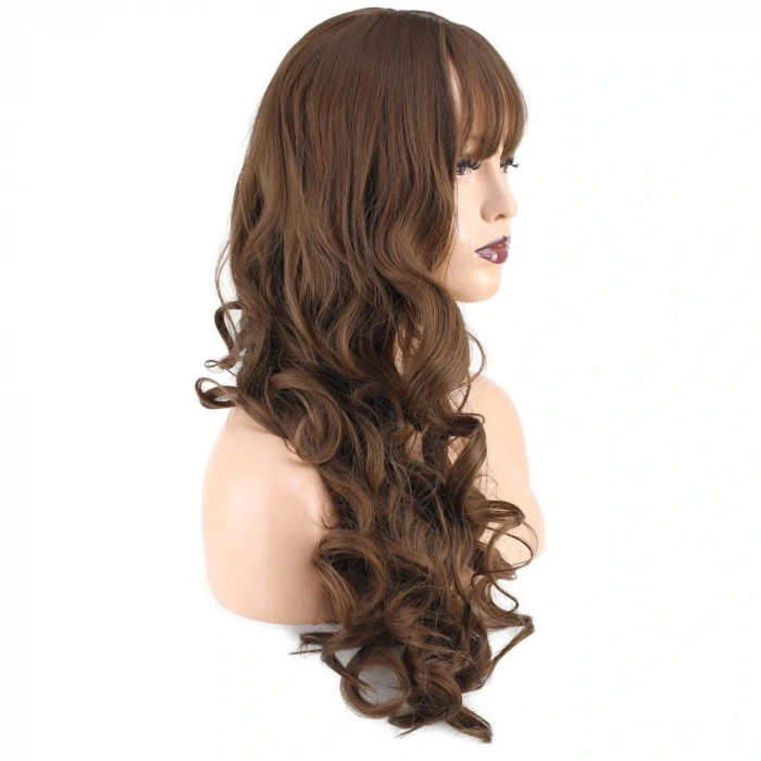 Dalgalı Perçemli Uzun Fiber Sentetik Peruk / Koyu Kumral