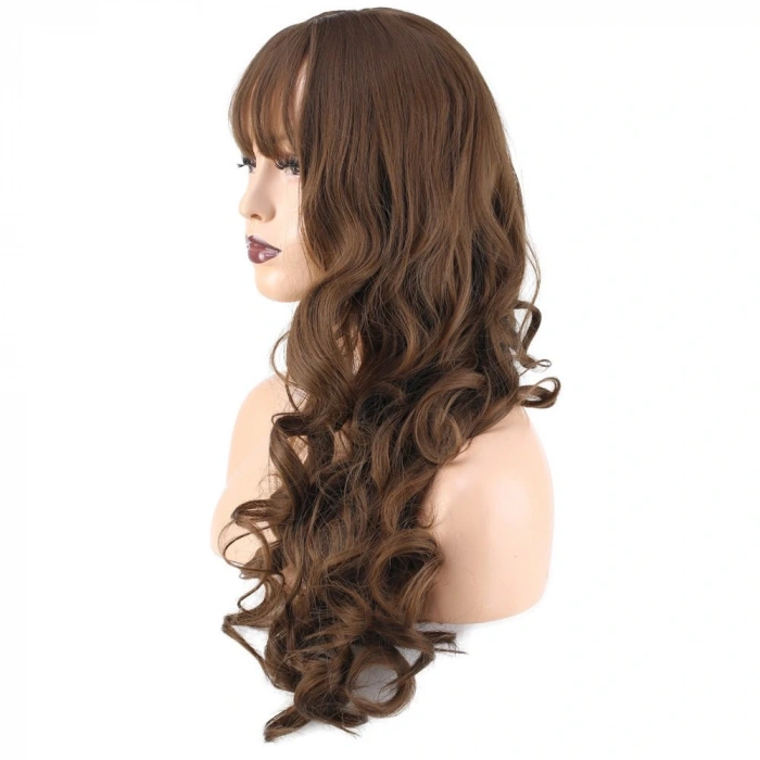 Dalgalı Perçemli Uzun Fiber Sentetik Peruk / Koyu Kumral