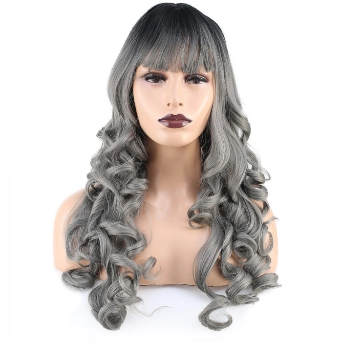 Dalgalı Perçemli Uzun Fiber Sentetik Peruk / Siyah / Gri Ombreli