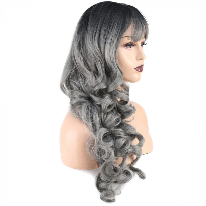 Dalgalı Perçemli Uzun Fiber Sentetik Peruk / Siyah / Gri Ombreli