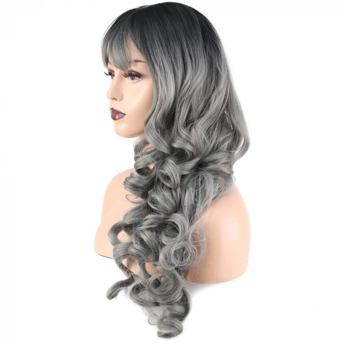 Dalgalı Perçemli Uzun Fiber Sentetik Peruk / Siyah / Gri Ombreli
