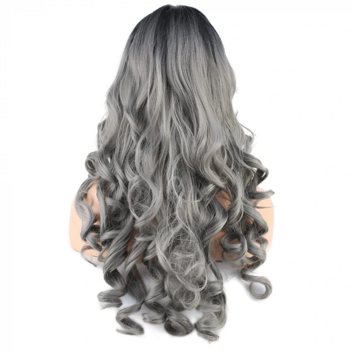 Dalgalı Perçemli Uzun Fiber Sentetik Peruk / Siyah / Gri Ombreli