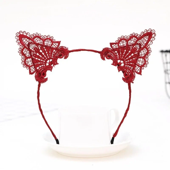 Dantelli Kırmızı Kedi Tacı - Vintage Tarz Dantel Kedi Kulak
