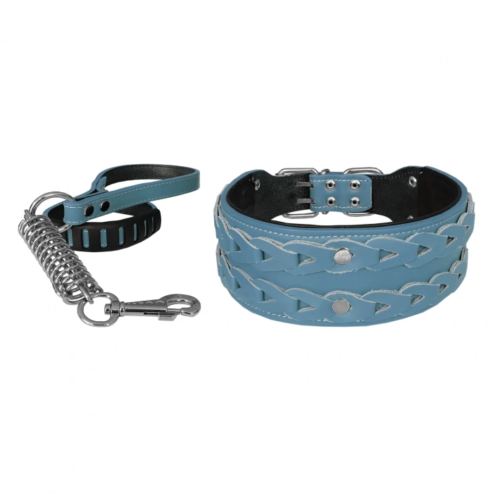 Deri İşlemeli Lüks Köpek Tasma Seti XL 7 cm*60-68 cm Turkuaz