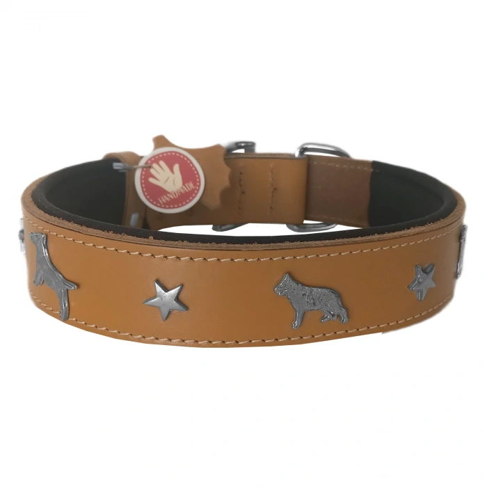 Deri Köpek Figürlü Köpek Boyun Tasması 56-64 cm XL Kamel