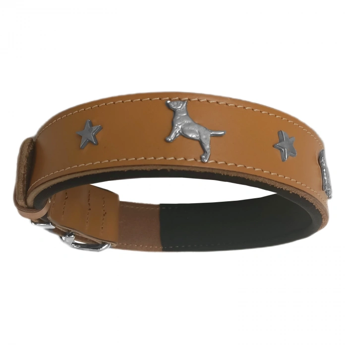 Deri Köpek Figürlü Köpek Boyun Tasması 56-64 cm XL Kamel