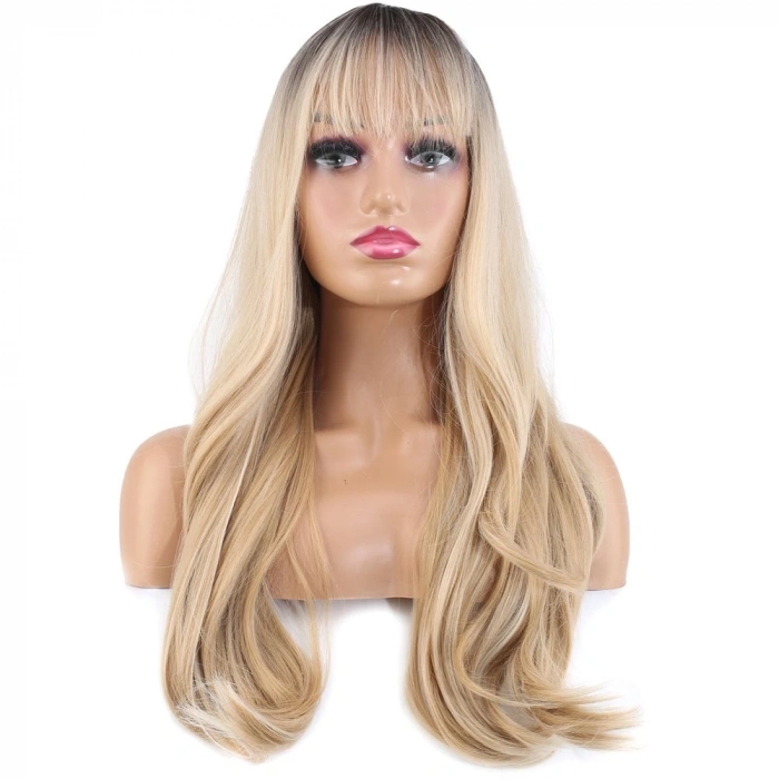 Doğal Dalgalı Perçemli Fiber Sentetik Uzun Boy Peruk / Kumral / Platin Ombre ve Röfleli