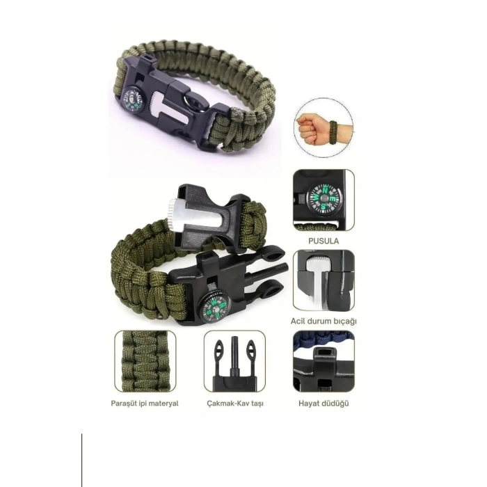 Düdük Çakı Pusula Çakmaktaşı Paraşüt İpi Hayatta Kalma Bilekliği