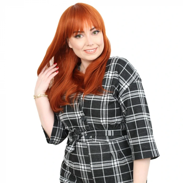 Düz Perçemli Orta Boy Fiber Sentetik Peruk / Bakır