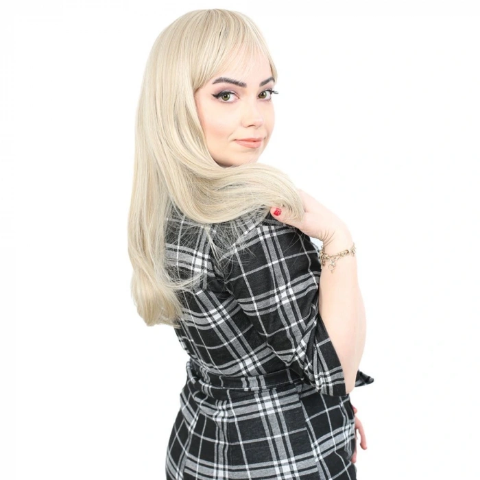 Düz Perçemli Orta Boy Fiber Sentetik Peruk / Balköpüğü / Platin Röfleli