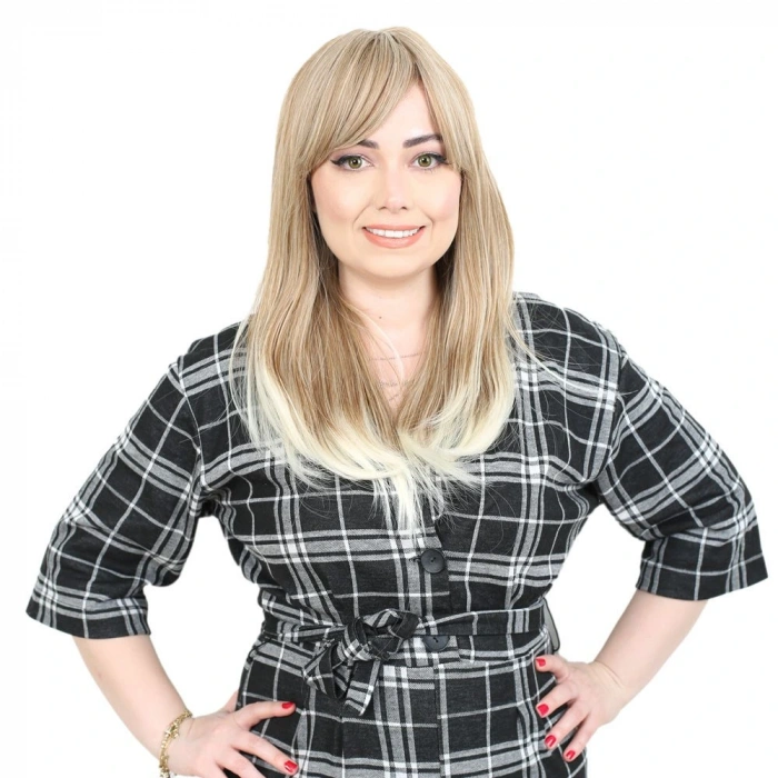 Düz Perçemli Orta Boy Fiber Sentetik Peruk / Karamel / Platin Röfleli