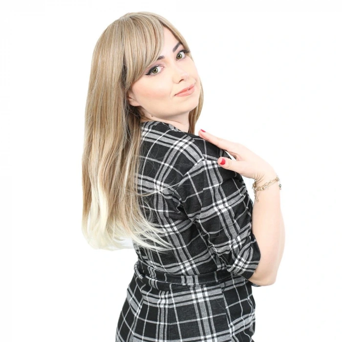 Düz Perçemli Orta Boy Fiber Sentetik Peruk / Karamel / Platin Röfleli