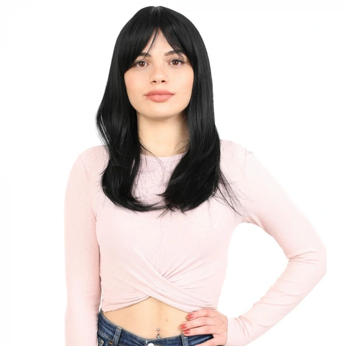 Düz Perçemli Orta Boy Fiber Sentetik Peruk / Siyah