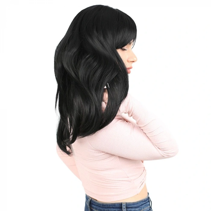 Düz Perçemli Orta Boy Fiber Sentetik Peruk / Siyah