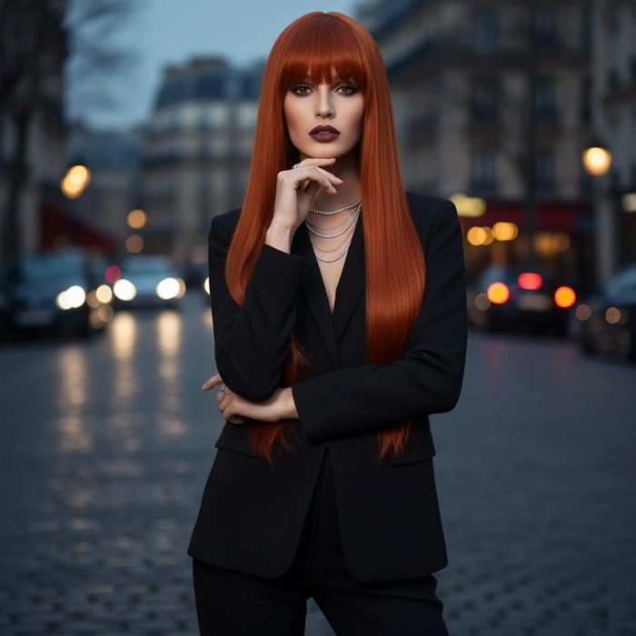 Düz Perçemli Uzun Fiber Sentetik Peruk / Bakır