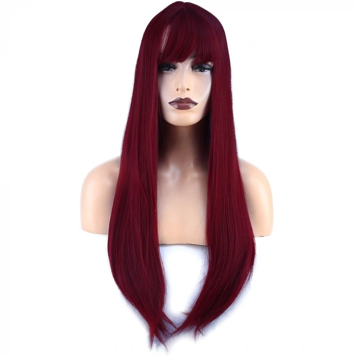 Düz Perçemli Uzun Fiber Sentetik Peruk / Kızıl
