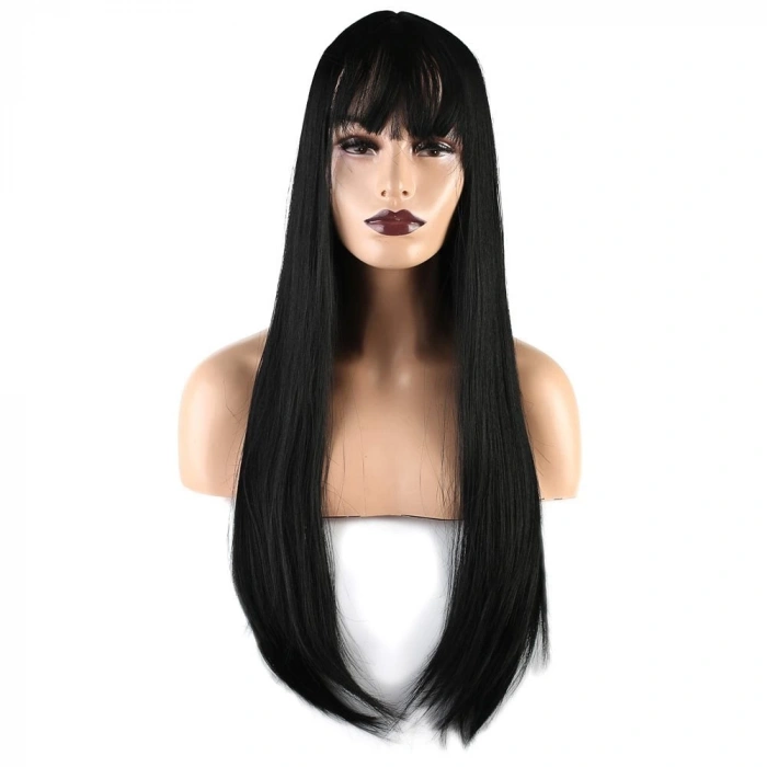 Düz Perçemli Uzun Fiber Sentetik Peruk / Siyah