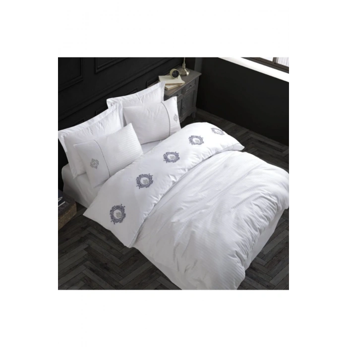Elegant Nakışlı Pamuk Saten Çift Kişilik Nev Takımı Olimpos Beyaz