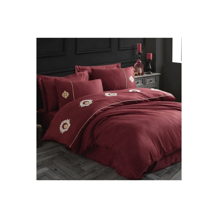 Elegant Nakışlı Pamuk Saten Çift Kişilik Nev Takımı Olimpos Bordo