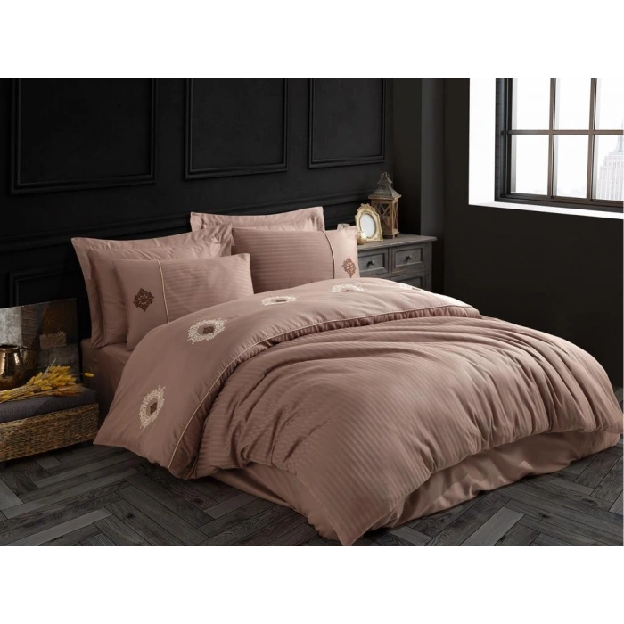 Elegant Nakışlı Pamuk Saten Çift Kişilik Nev Takımı Olimpos Kahve