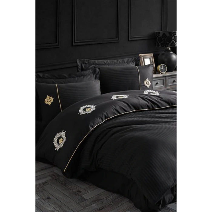 Elegant Nakışlı Pamuk Saten Çift Kişilik Nev Takımı Olimpos Siyah