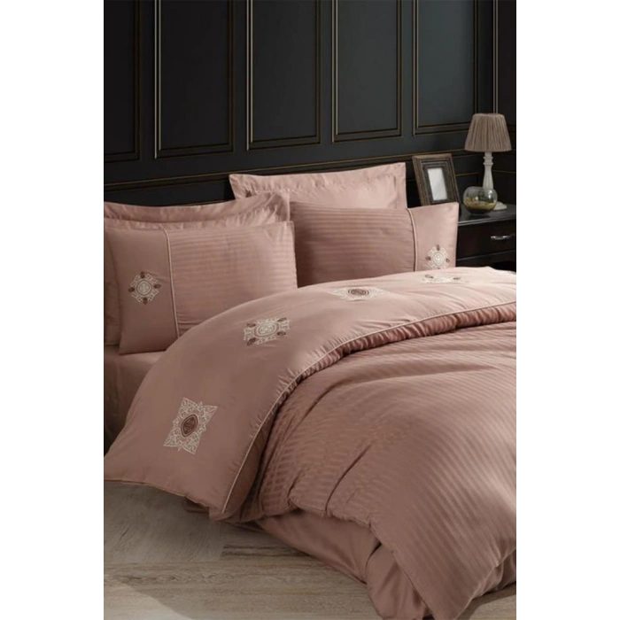 Elegant Nakışlı Pamuk Saten Çift Kişilik Nev Takımı Zeugma Kahve