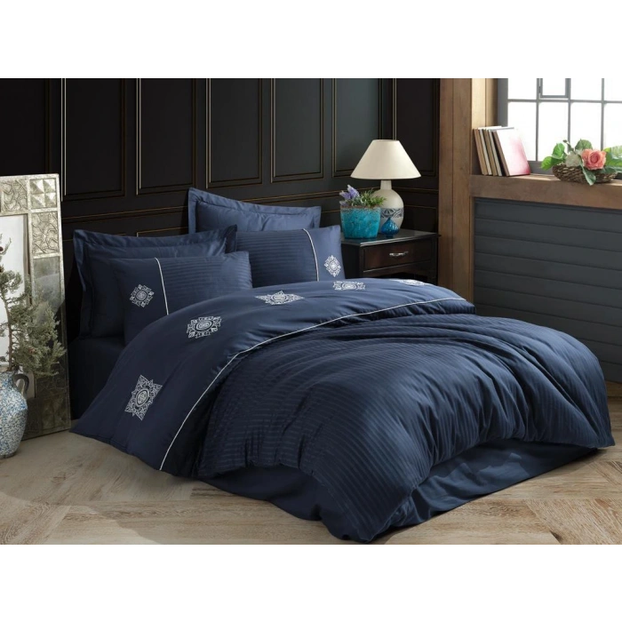 Elegant Nakışlı Pamuk Saten Çift Kişilik Nev Takımı Zeugma Lacivert